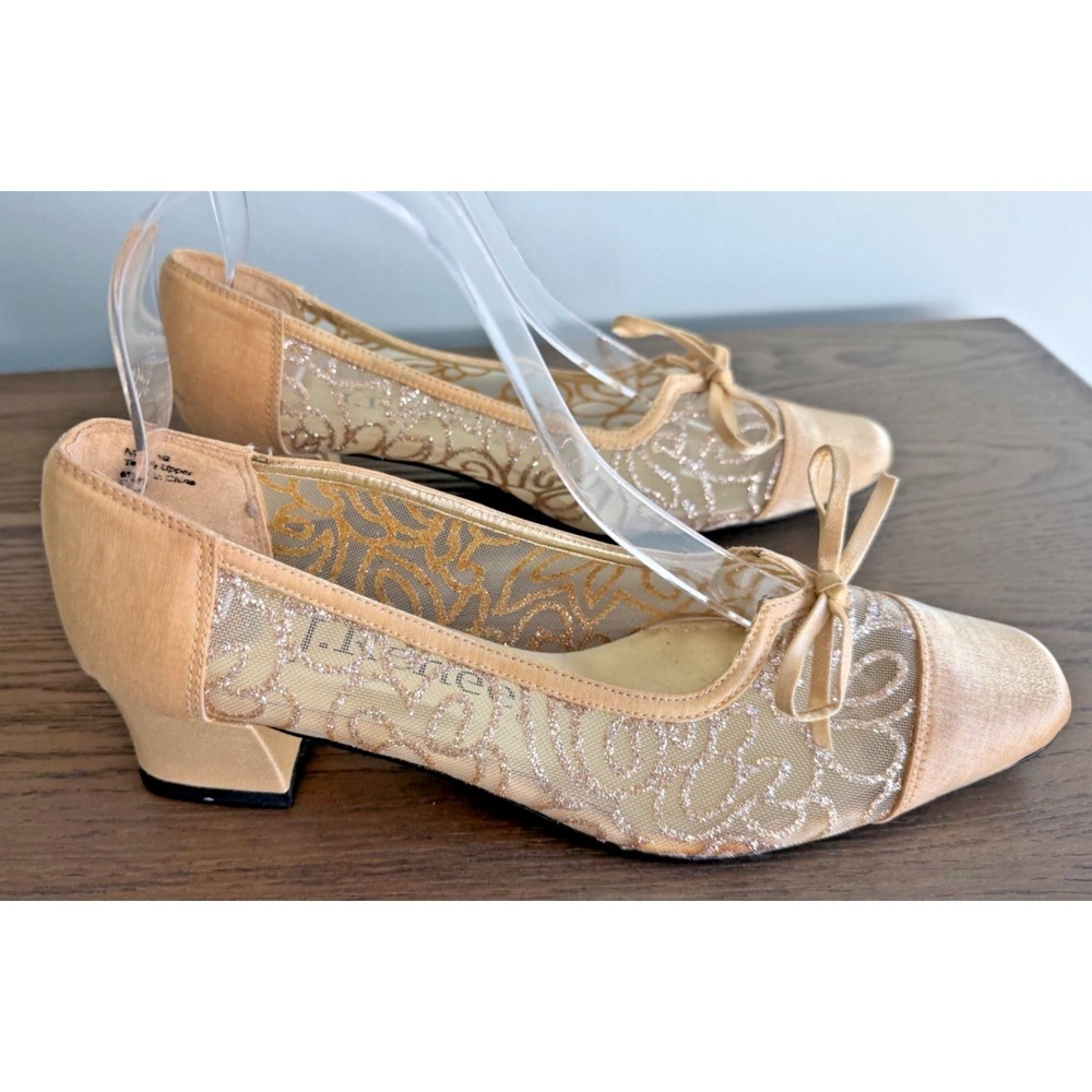 J. Renee Marna Gold Mesh Glitter Bow Low Heel Pumps Women's Size 6.5M